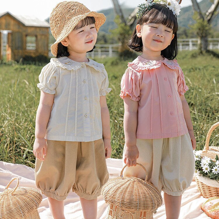 Summer Baby Girls Princess Dress Children Clothes Cotton Short Sleeve Blouse Top+Pants Suits  Kids Party pastoral Floral skirt