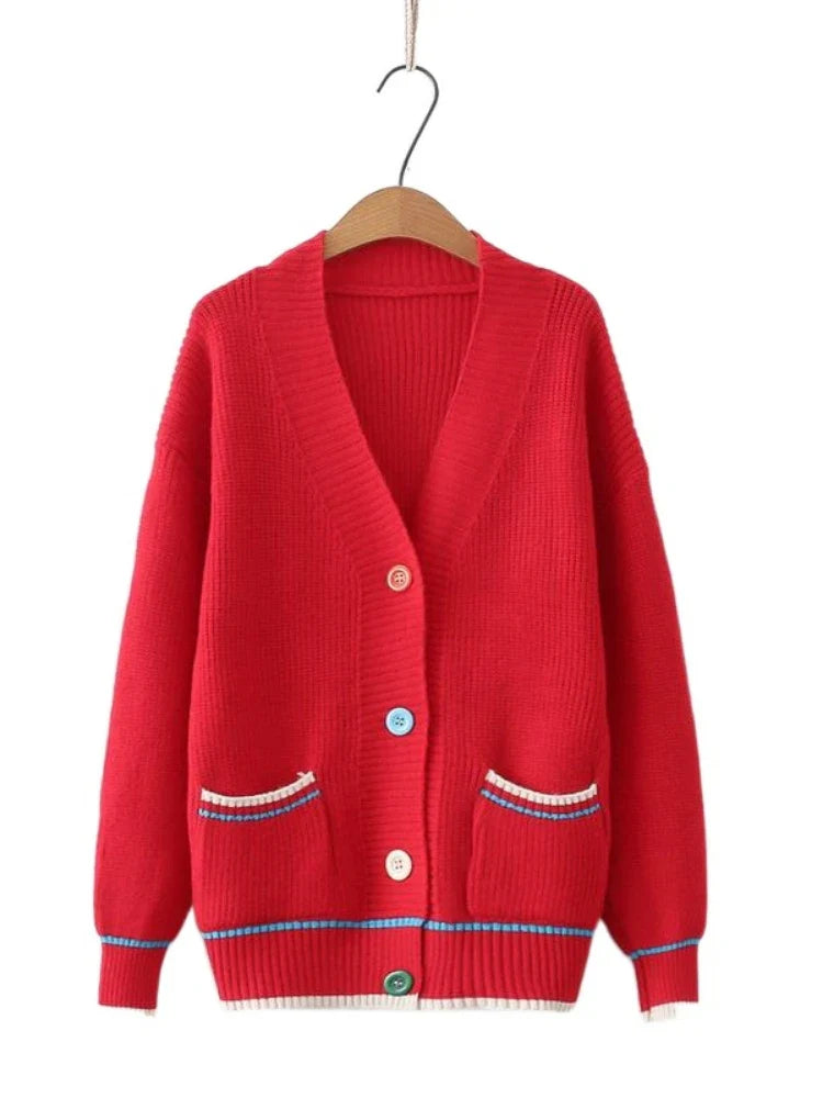 nvxiot  -  Oversized Cardigan Women Knit  Autumn Winter Long Sleeves Sweet Sweaters Jacquard Pockets Casual Chic Kawaii Tops