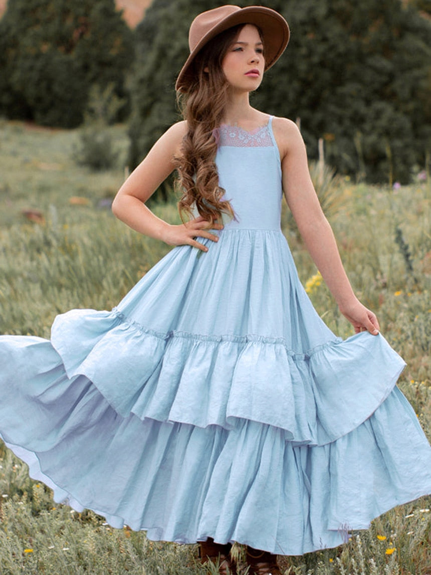 nvxiot Princess Lace Ruffles Layered Dress Baby Kids Flower Girls Wedding Party Long Dresses Teenage Elegant Clothes for 3 4 6 8 10 12y