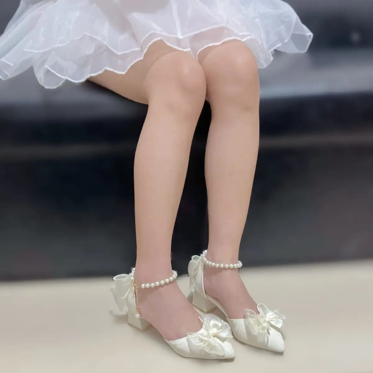 nvxiot Bow Wedges Shoes for Women Pearl White Y2k Lolita Slingback Shoes Women Kitten Heel Japanese School Shoes