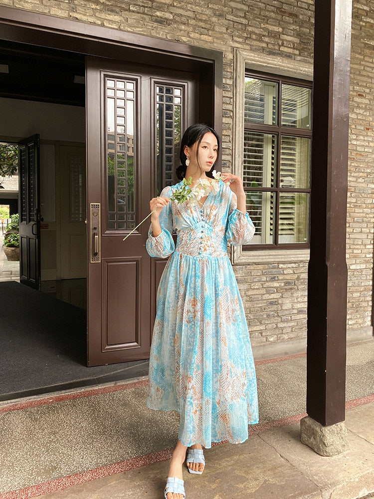 nvxiot French Elegant Floral Maxi Dress Chiffon V-neck Blue Long Lantern Sleeve Women Boho Casual Holiday Ladies Dresses New