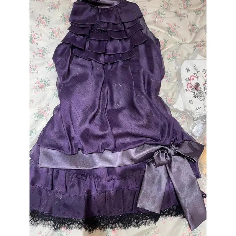 MQTIME  -  Japanese Sweet Girl Purple Sleeveless Hanging Neck Cake Dress Summer New Vintage Lace Spliced Slim A-line Short Dress for Women