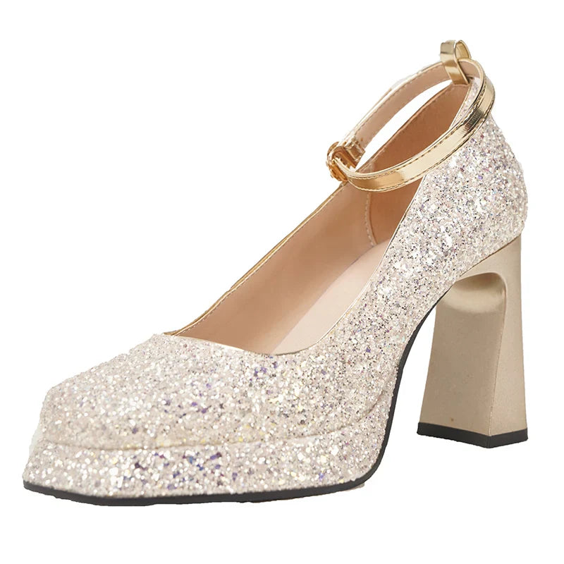 MQTIME  -  High Heels Silver Wedding Shoes Women 2024 New Fashion Ankle Buckle Platform Pumps Woman Luxury Sequins Glitter Mary Jane Shoes