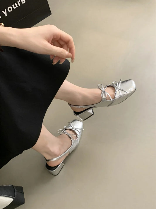 MQTIME  -  Silver Dress Low Heel Fashion Square Toe Shallow Ladies Elegant Ladies Casual Ballet Shoes Soft Ballerina Shoes Zapatos Mujer