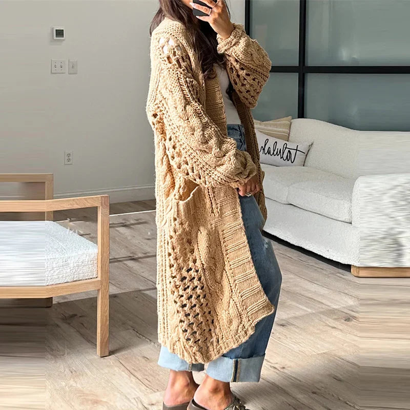 MQTIME  -  2024 Casual Solid Color Pocket Coat Ladies Elegant V Neck Hollow Knitted Cardigan Autumn Winter Thick Warm Loose Sweater Outwear