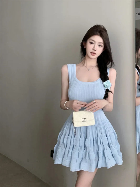 MQTIME  -  Summer Slim Knitted Dress for Women 2024 New Korean Style Trendy Pure Color Flare Cake Dress Sweet and Sexy Short Tank Dress