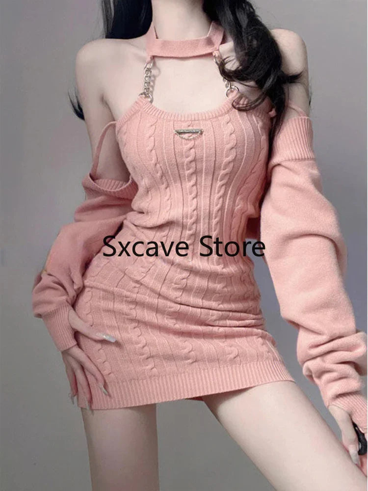 nvxiot 2024 Autumn Pink Knitted Suits Office Lady Casual Y2k Crop Tops + Mini Dress Korea Fashion Clothing Even Party 2 Piece Dress Set