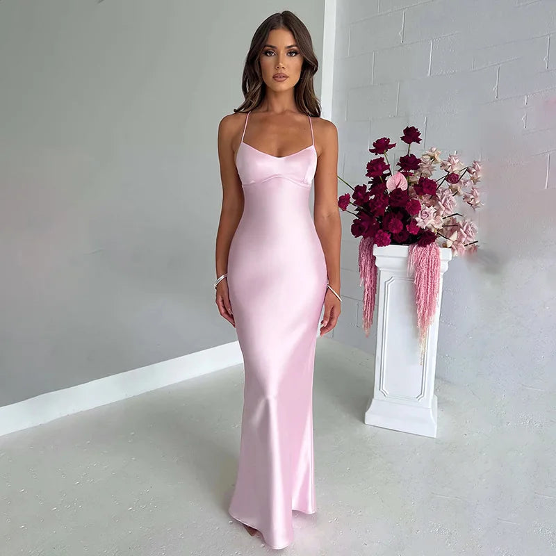 nvxiot Women's Spaghetti Strap Satin Long Dresses Elegant Sleeveless High Waist Tunics Backless Lace-up Tight Evening Party Dress Pink