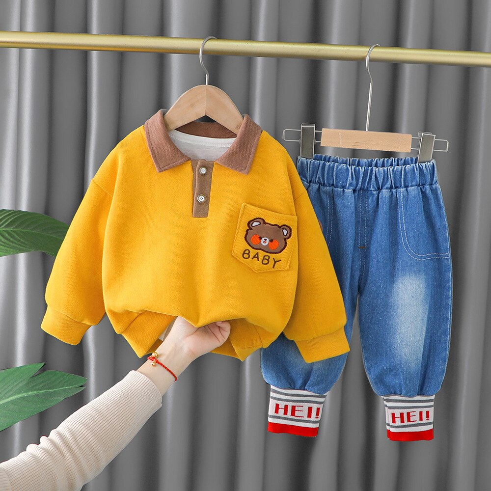 nvxiot Spring Autumn Children Boys Girls 2PCS Clothing Set Embroidery Cartoon Bear Sweatshirts Jeans Pants Baby Girl Sports Suit