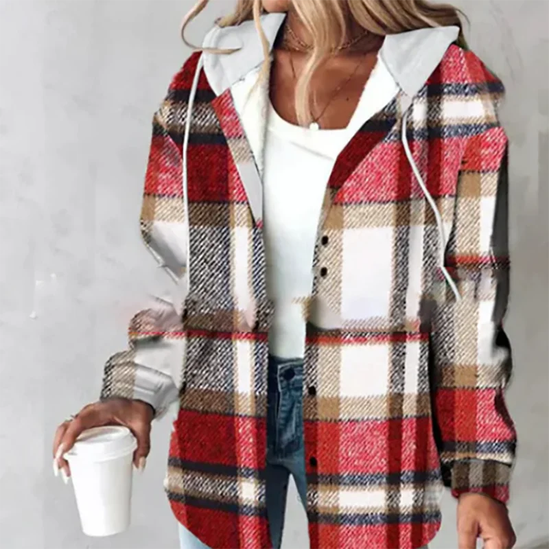 MQTIME  -  2024 Autumn Plaid Printed Women's Jacket Casual Streetwear Long Sleeved Hooded Coat Fashion Single Breasted Commuting Outerwear