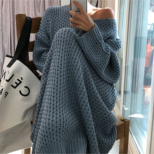 MQTIME  -  Fashion Oversized Autumn and Winter Long Sweater Dress Women's Batwing Sleeves Women's V-neck Loose Knit Pullover Dress Chic