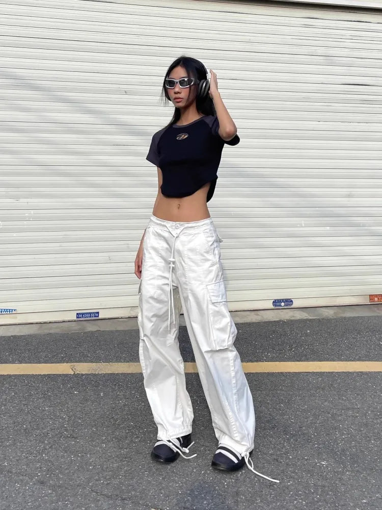 nvxiot  -  American White Spicy Girl Workwear Pants, Women'S Design Sense, Drawstring Pockets, Loose Fitting Wide Leg Casual Pants