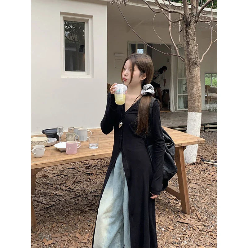 nvxiot Streetwear Black Midi Dress Women Y2K V Neck Tunic Robe Korean Fashion Long Sleeve Slim All Match One Pieces Dresses New