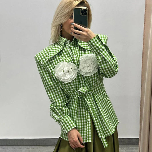 nvxiot Fashion Button -Up With Three-Dimensional Flower Shirts & Blouses Streetwear Long Sleeve Plaid Full Shirt Women Chic Tops