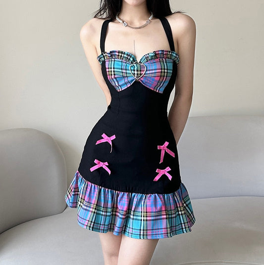 nvxiot Plaid Dress Female Halter Hit Color Patchwork Ruffle Mini Skirt Dresses Women Sweet Hot Style 2023 Summer Fashion New