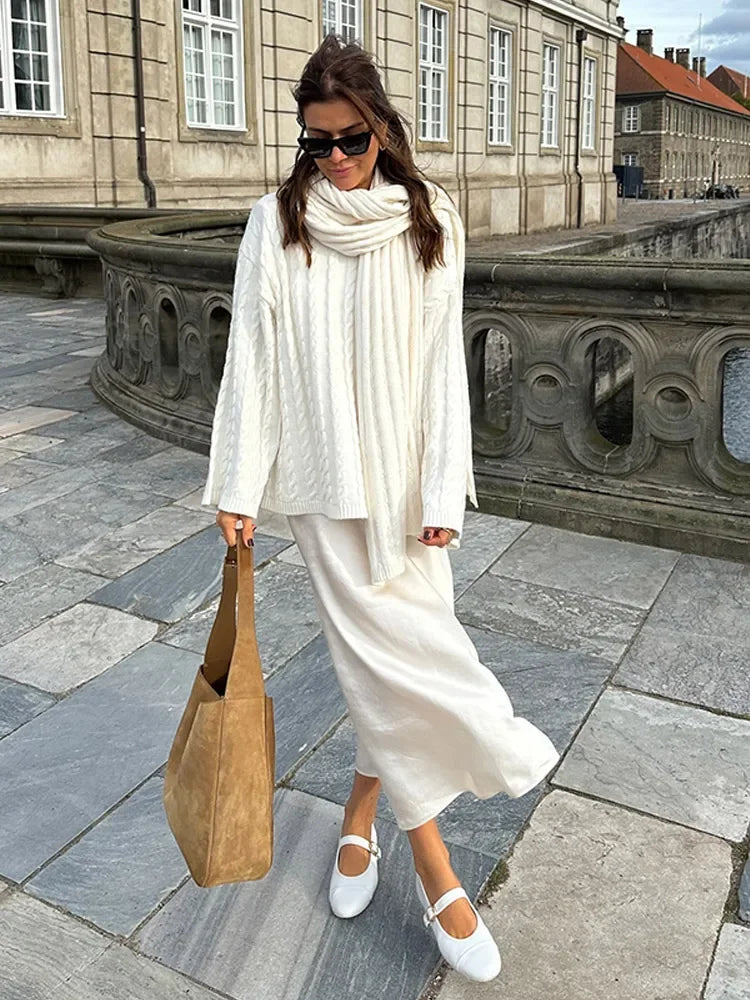 nvxiot  -  Autumn Solid Pleated Scarf Twisted Knitted Sweater Women Chic Long Flare Sleeve O-neck Knit Pullover 2024 Lady Streetwear