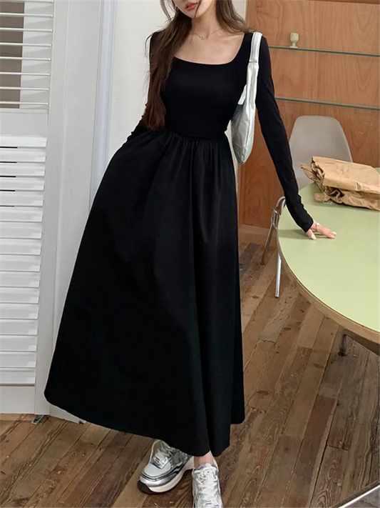 nvxiot-New Autumn Fashion Elegant Black Midi Dress for Women Long Sleeve Square Neck Simple Solid Vintage Chic Ladies Dresses Korean