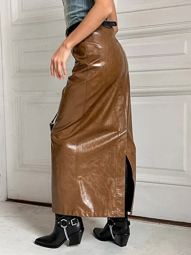 MQTIME  -  2024 Autumn Winter Women Office Midi Leather PU Skirts Bodycon Solid Brown High Waist Office Pencil Skirt For Women