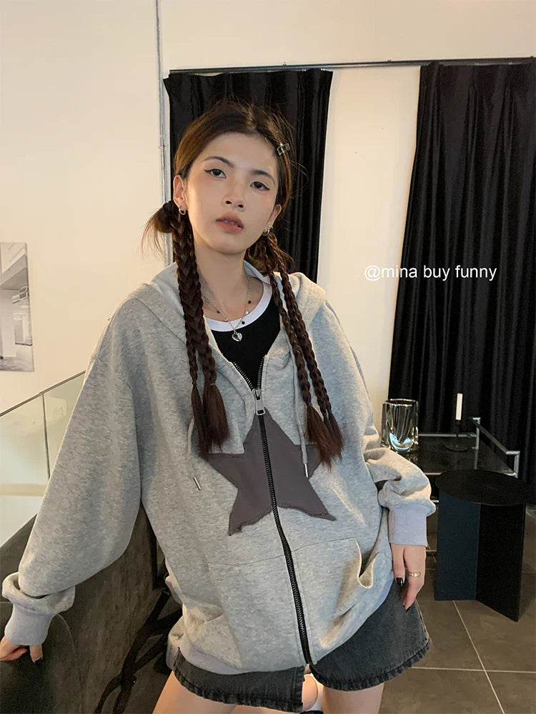 nvxiot Womens Clothing coffee color Harajuku Street Sweatshirt Hoodie Star Printing Long Sleeves Casual Warm Baggy Ladies Tops Autumn