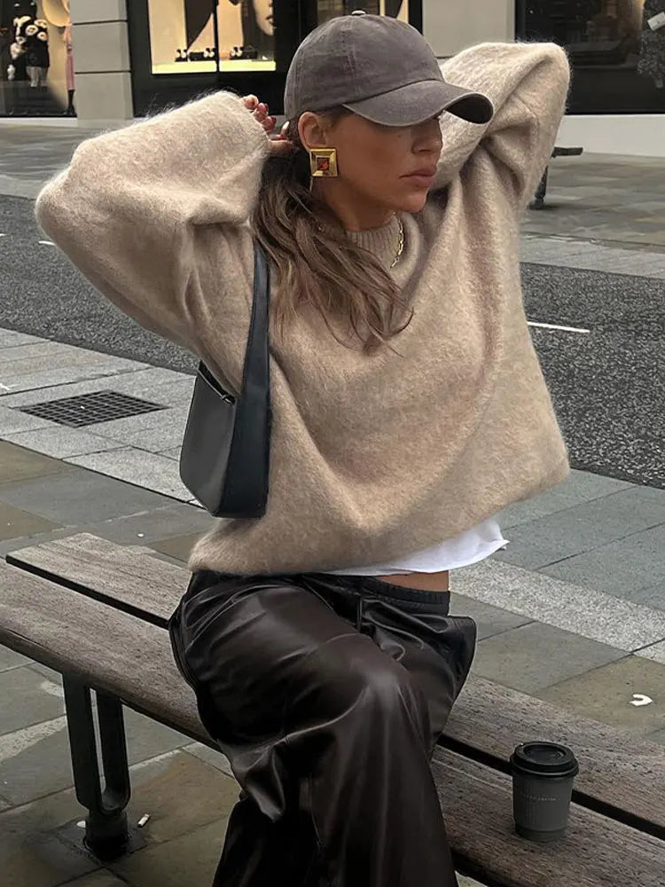 nvxiot Round Neck Loose Knitted Sweater Women Solid Color Long Sleeved Warm Pullover Autumn Winter Fashion Female Street Jumper