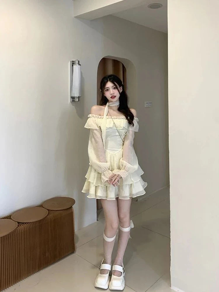 nvxiot Long Sleeve Elegant Mini Dress Lolita Pure Color Short Party Dress Woman Casual 2023 Spring Sweet One Piece Dress Korean Fashion