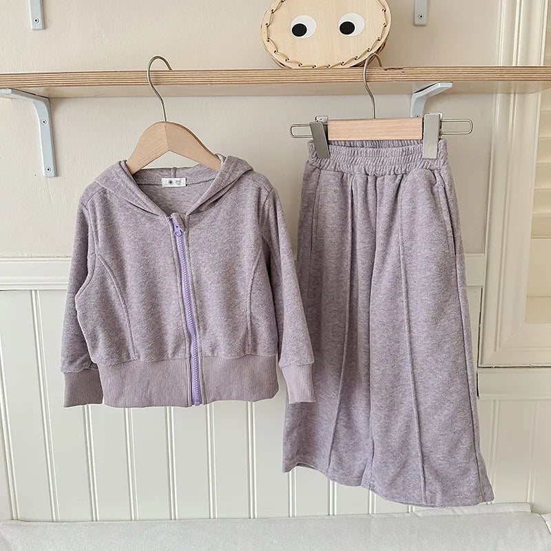 MQTIME  -   Girls 2 Piece Clothes Set Cotton Baby Girl Hooded Elastic Hem Coat Kid Girl Solid Wide Leg Pant Outfit Children Girl Suit