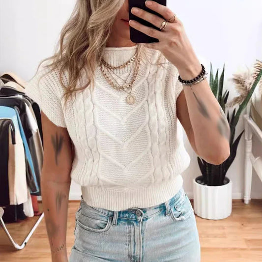 nvxiot  -  Casual Commuter Sweater Shirt Blouses 2024 Summer Short Sleeved Solid Color Knitted Tops Women's O-neck Jacquard Slim Pullover