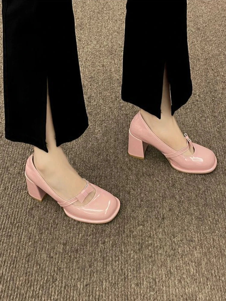 nvxiot Pink Kawaii Mary Janes Shoes Women Elelgant Shallow Heel Shoes Pure Color Causal Fashion Pumps Non Slip Summer Bow Chic