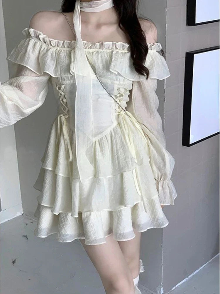 nvxiot Long Sleeve Elegant Mini Dress Lolita Pure Color Short Party Dress Woman Casual 2023 Spring Sweet One Piece Dress Korean Fashion