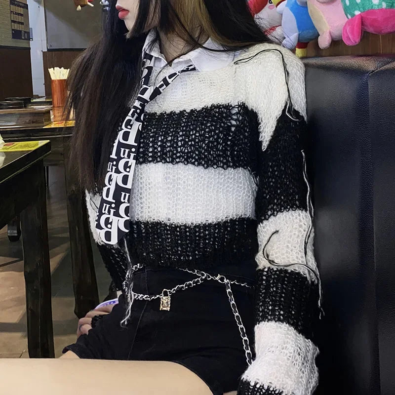 MQTIME  -   Gothic Sweater for Women Punk Style Striped Long Sleeve Top Hollow Out Knitted Clothes y2k 2000s Pullover Streetwear