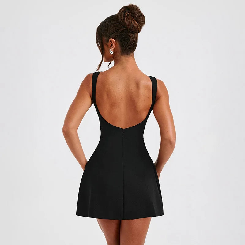 nvxiot Summer Slim Fit Short Dress Fashion Sexy Backless Women Solid Basic High Waist A-Line Elegant Lady Birthday Party Dresses 2024