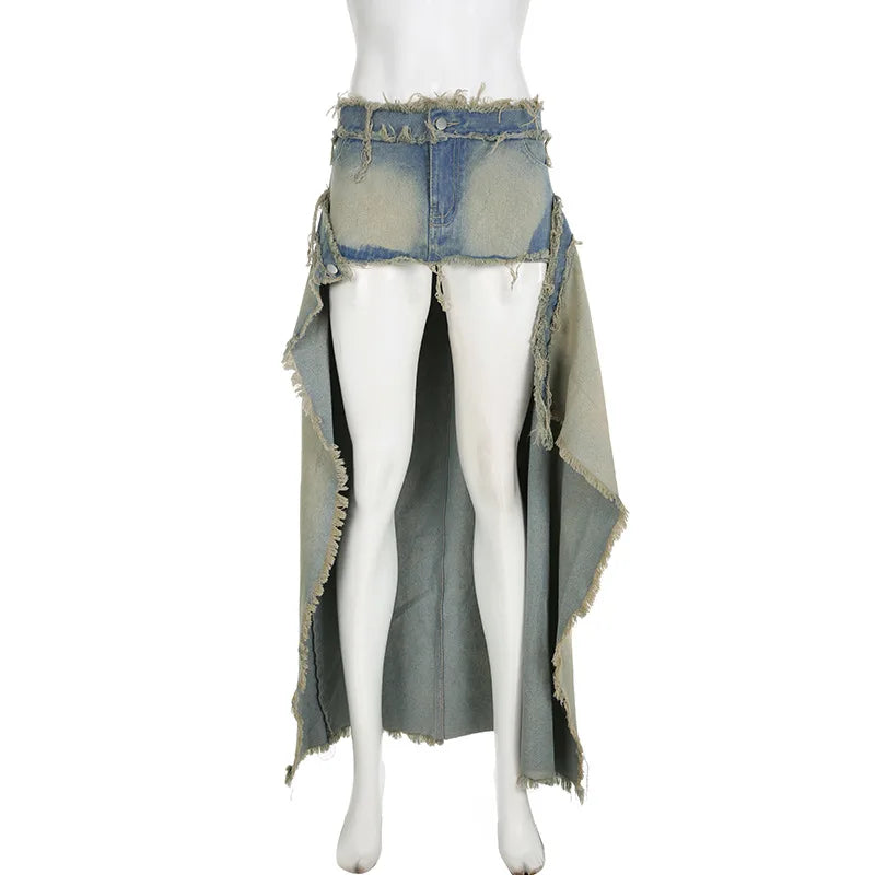 nvxiot  - Women Washed Distressed Brushed Denim Maxi Skirts Tassel High Waist Button High Split Designer Casual Jeans Skirt Streetwear