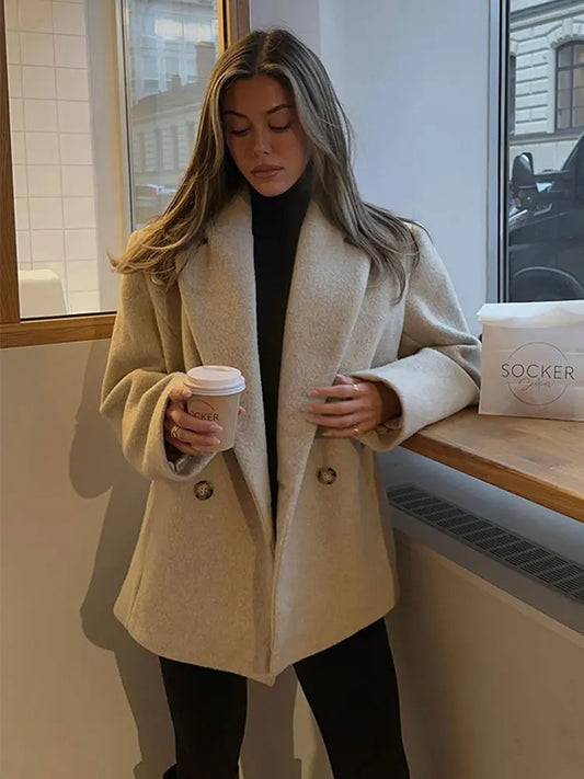 nvxiot Elegant Solid Woolen Blend Coats Women Causal Loose Double Breasted Long Sleeve Overcoat Winter Office Lady Commuter Jacket