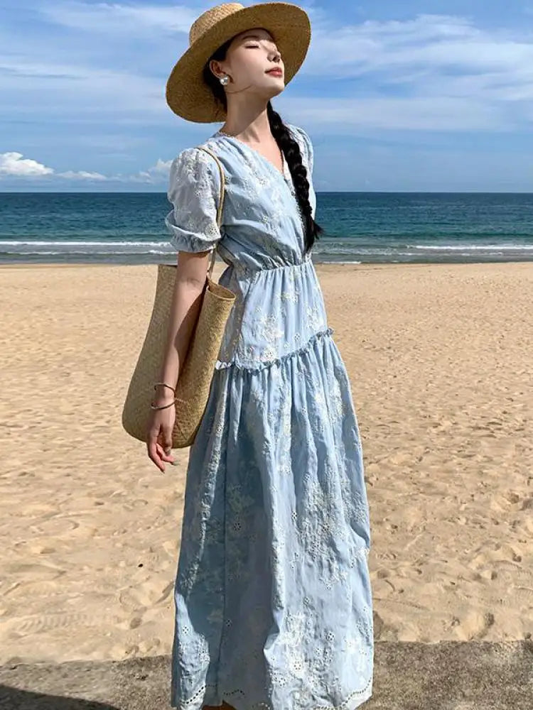 nvxiot  -  2024 Summer Women Sweet Blue Splicing Short-sleeved Embroidered Pleated Dress V-neck High Waist Ruffles Party Long Dresses Boho