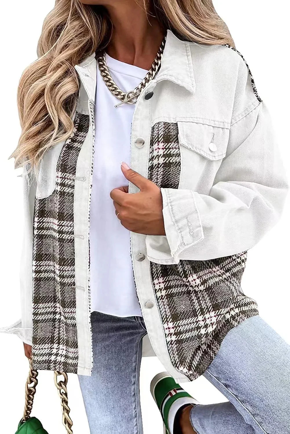 MQTIME  -   2024 New Autumn Women Button Coat Spring Irregular Tops Outwear Mujer Vintage Fashion Plaid Print Patchwork Denim Jacket Elegant