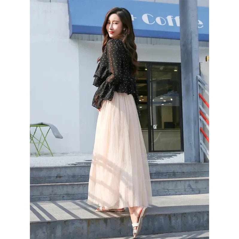 nvxiot stylish dress 2024 Vintage Elegant Skirt Women Streetwear Elastic High Waist Mesh Pleated Skirts Summer Korean A Line Office Ladies Skirt New