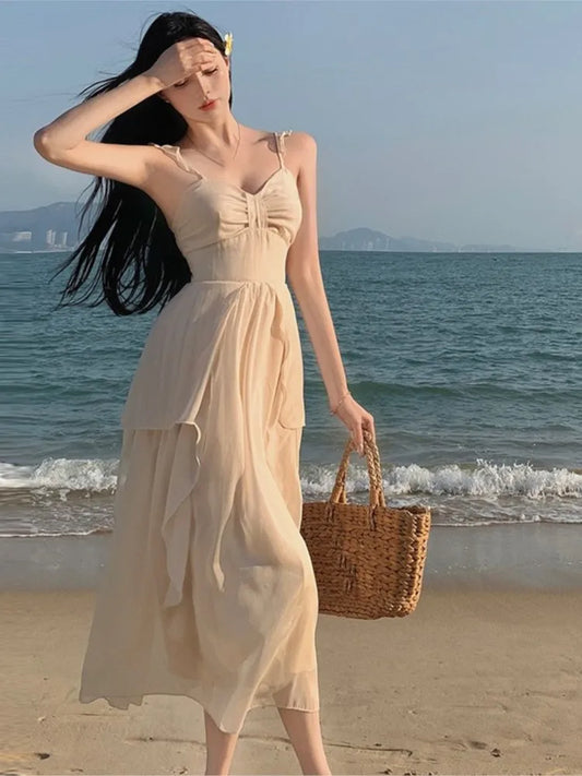 nvxiot Elegant Irregular Ruffles Dress Women Apricot Spaghetti Strap Holiday Beach Style Fairycore Vestidos Korean A-line Clothes