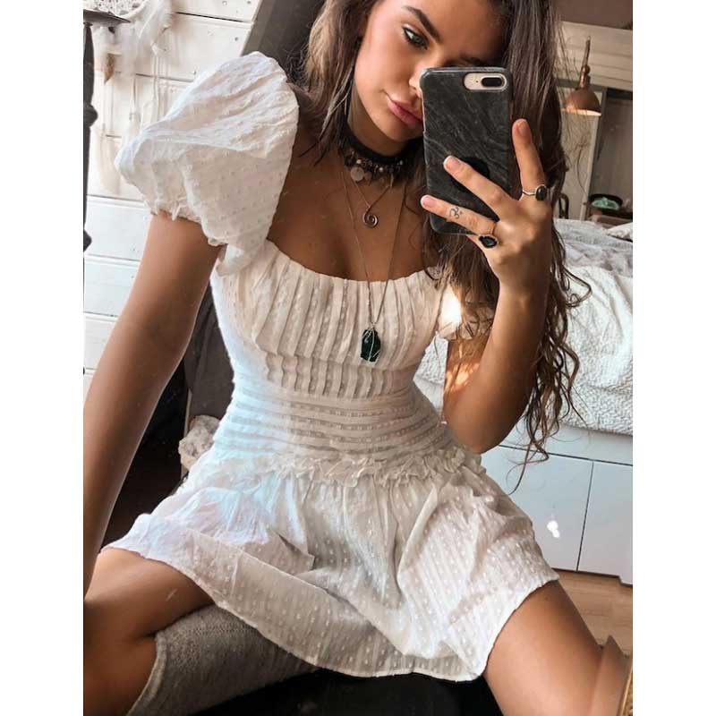 nvxiot  Suninheart White Ruffle Women Dress Back Tie Up Ladies Party Dress Lace Up Puff Sleeve Mini Summer Dress Pleated Dress Female