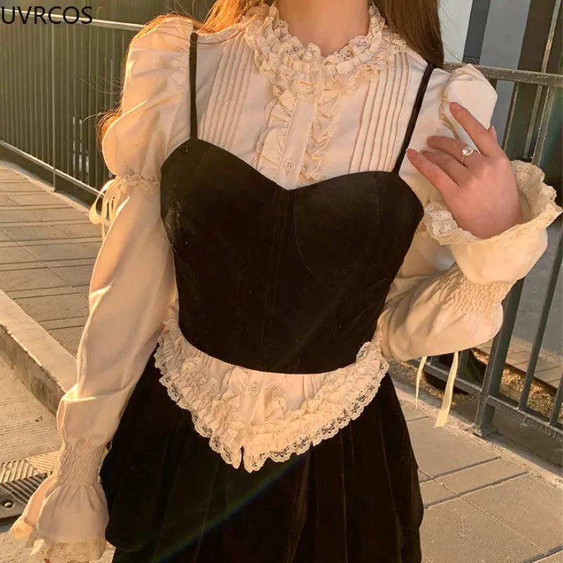 nvxiot Victorian Elegant Lolita Blouses Women Sweet Lace Ruffles Bandage Puff Long Sleeve Shirts Korean Fashion Slim Vintage Gothic Top