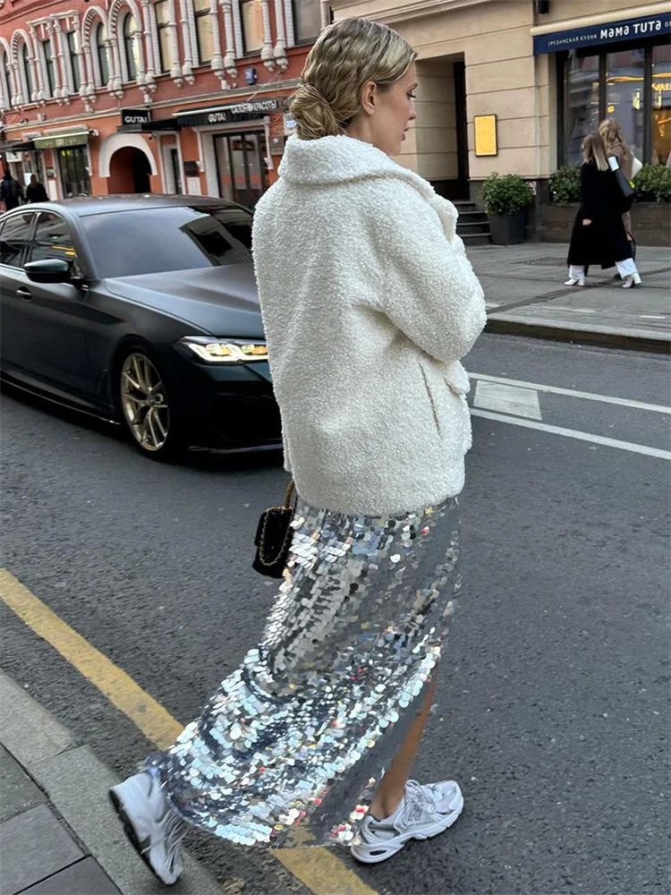 nvxiot  -  Fall Outfits 2024 Sequin Patchwork Fashion Long Skirt Women High Waist Shiny Sexy Autumn Solid Streetwear Female Commute Glitter Maxi Skirt