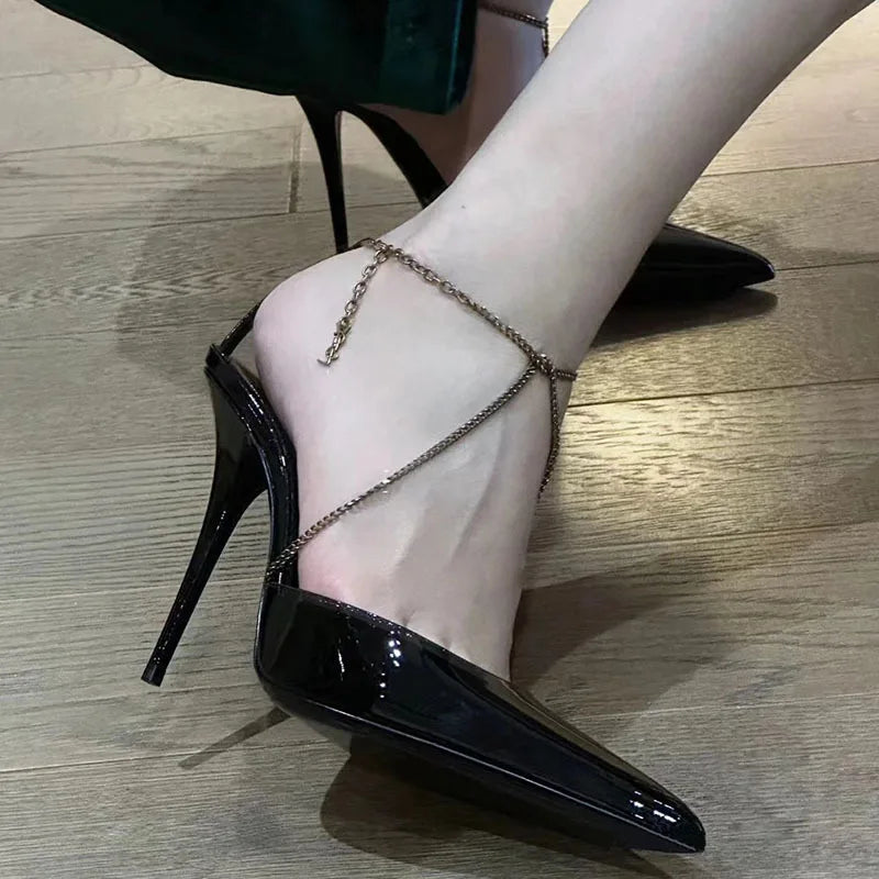 nvxiot High Heel Sandals Women's Stiletto Heel Fashion Sexy Black Bag Pointed French Strap Chain Pumps Women  Shoes