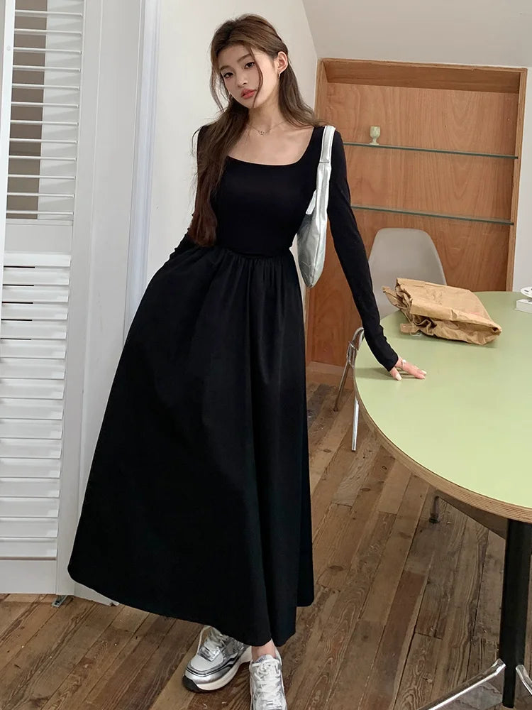 nvxiot-New Autumn Fashion Elegant Black Midi Dress for Women Long Sleeve Square Neck Simple Solid Vintage Chic Ladies Dresses Korean