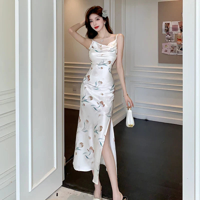 nvxiot  -  2024 Summer New Retro Folded Split Printed Satin Sling Dress Women's Feeling Swinging Neck Fragmented Flower Long Dress