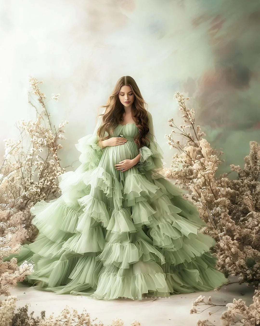 MQTIME  -  Charming Mint Green Maternity Dresses for Photography Extra Ball Gown Tiered Tulle Maternity Dress Photoshoot Babyshower Gowns