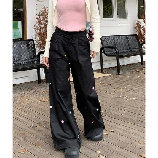 nvxiot Vintage Star Embroidery Casual Y2K Black Cargo Pants Women  Autumn New High Waist Drawstring Loose All Match Wide Leg Pants