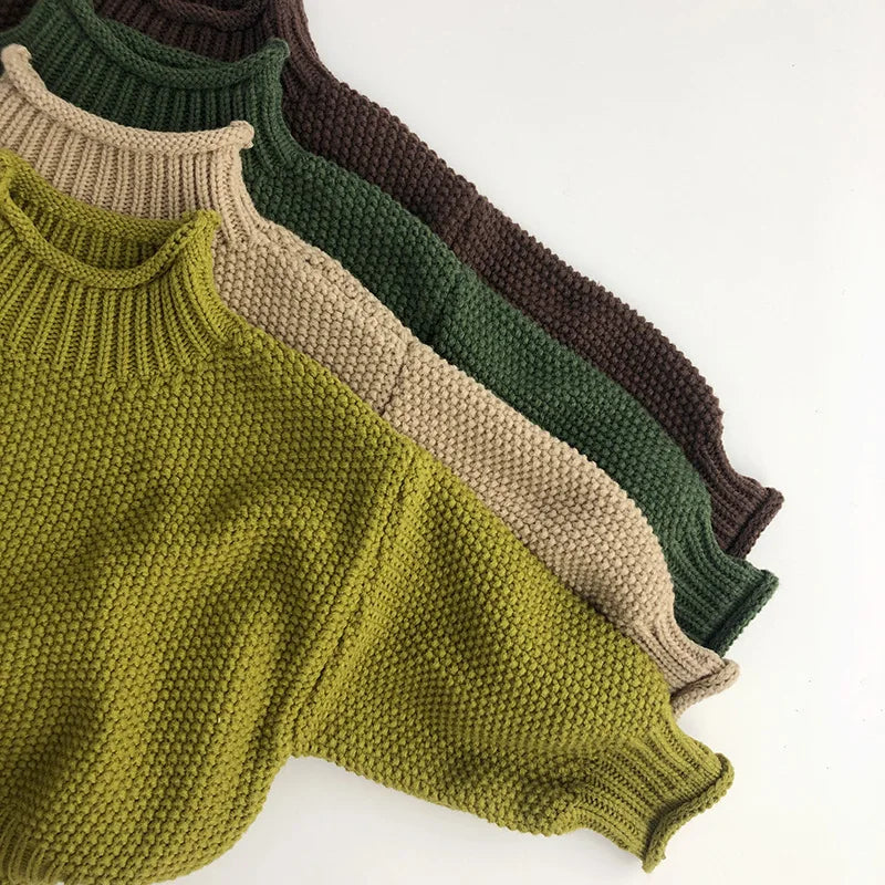 MQTIME  -  Winter Korean Style Kids Sweater Vintage Boys Knitwear Solid Turtleneck Girls Sweaters Coat