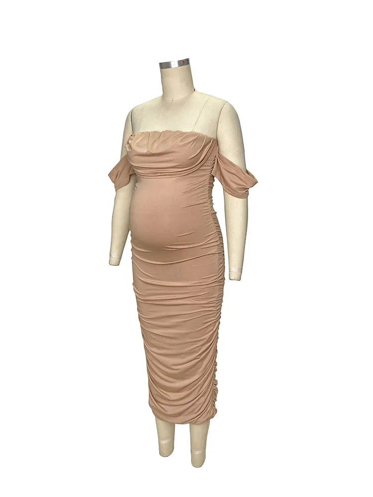 MQTIME  -  Khaki Ruched Off Shoulder Belly Friendly Baby Shower Pregnant Pregnancy Photoshoot Club Party Tube Bodycon Maternity Midi Dress