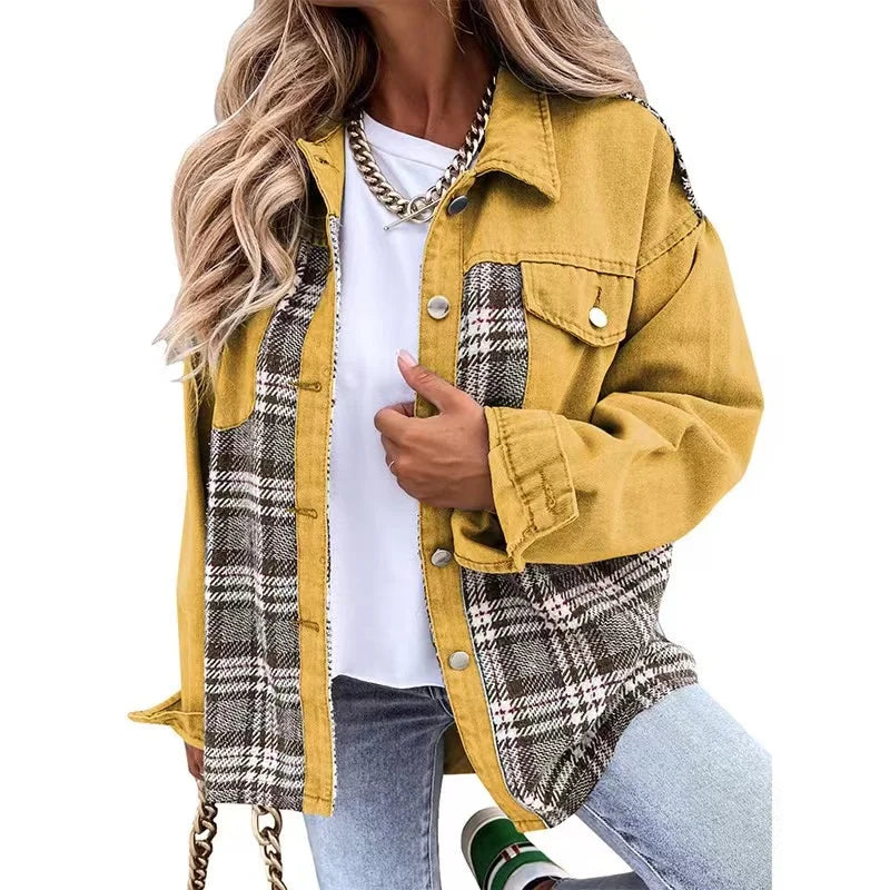 MQTIME  -   2024 New Autumn Women Button Coat Spring Irregular Tops Outwear Mujer Vintage Fashion Plaid Print Patchwork Denim Jacket Elegant