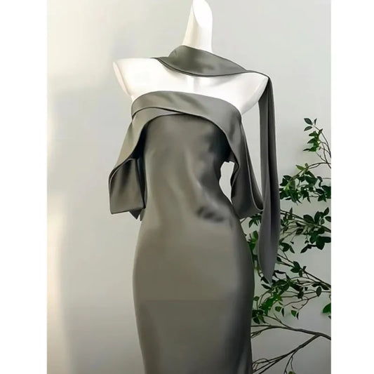 MQTIME  - Elegant off-Shoulder Dress Women's New Light Luxury Satin Slim Skirt