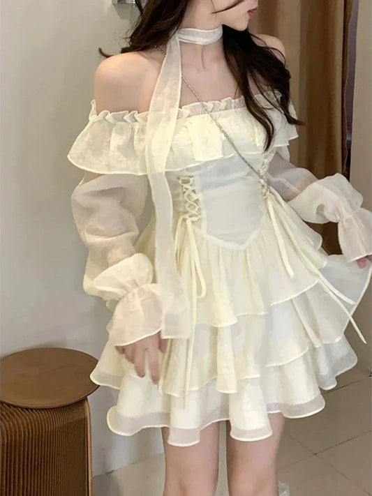 nvxiot Long Sleeve Elegant Mini Dress Lolita Pure Color Short Party Dress Woman Casual 2023 Spring Sweet One Piece Dress Korean Fashion